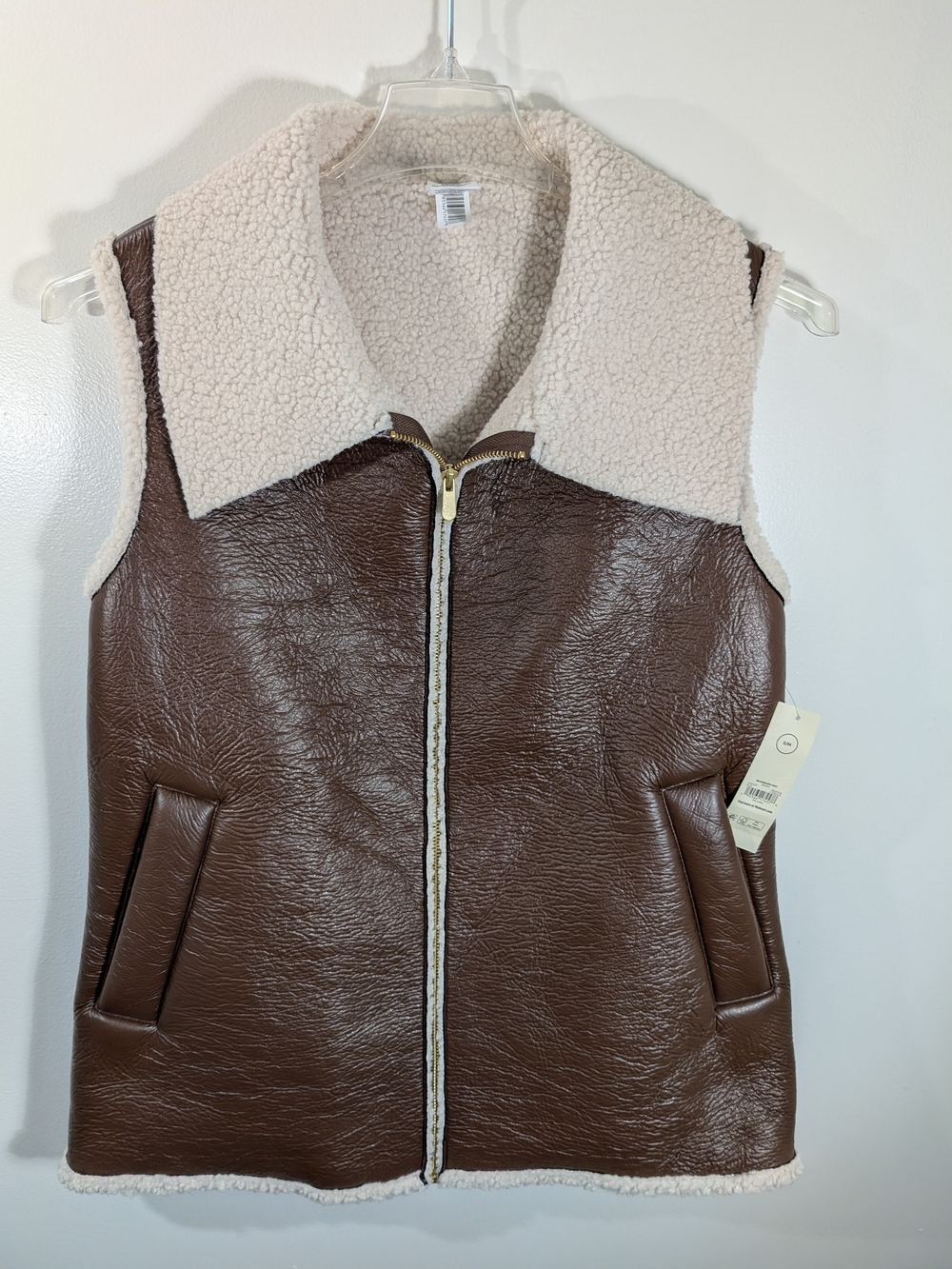 No Boundaries Brown Faux Leather Vest with Cream Sherpa Lining NWT S/M